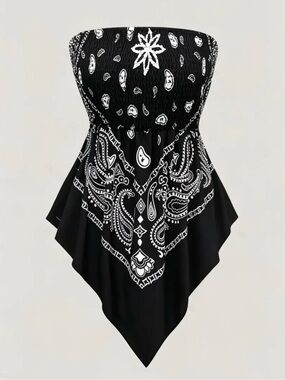 Strapless Black Bandana Print Handkerchief Hem Top New Boutique